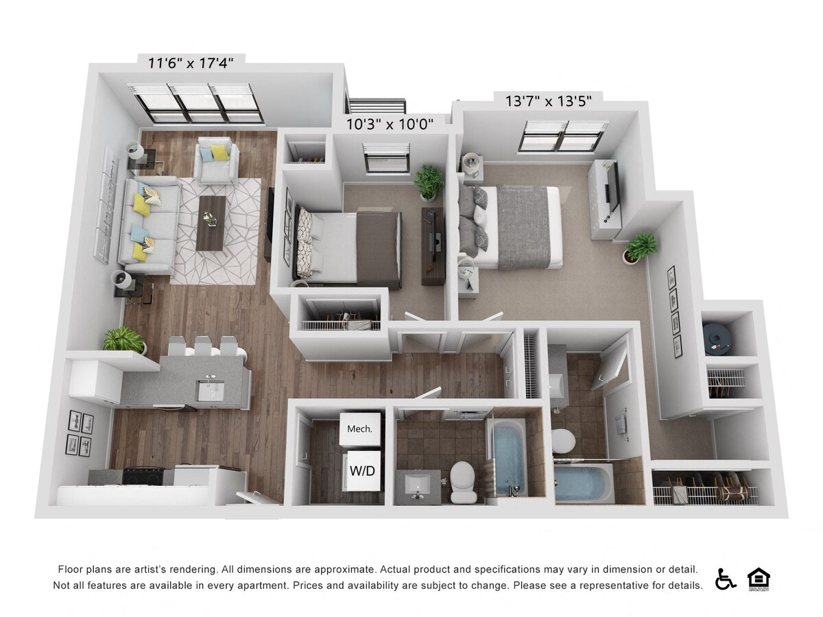 Sơ đồ mặt bằng cho B14R, hiển thị 2 phòng ngủ