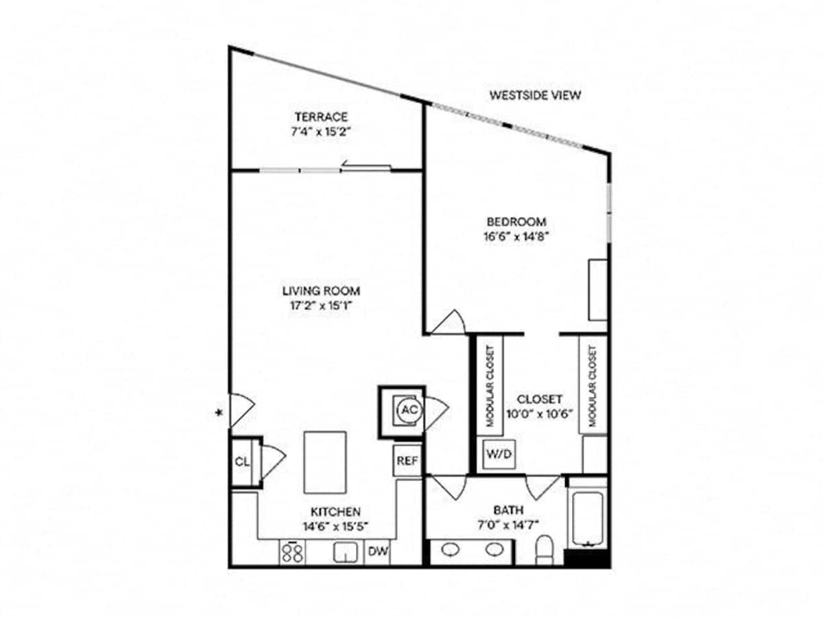 Floorplan diagram for A14, showing 1 bedroom