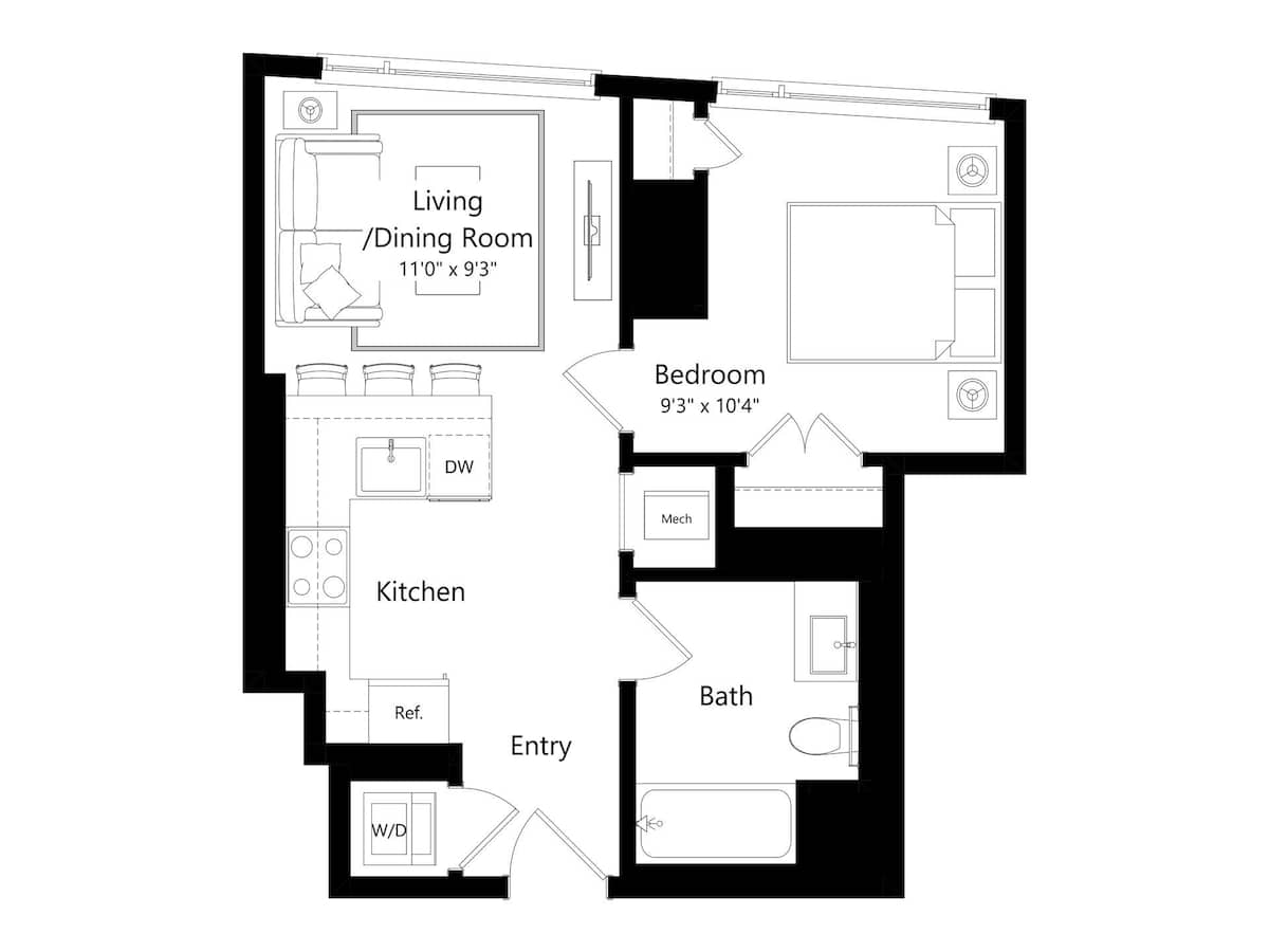 Floorplan diagram for One Bedroom A, showing 1 bedroom