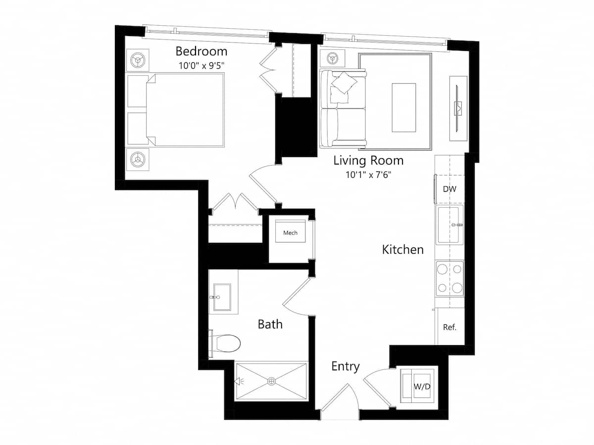 Floorplan diagram for One Bedroom B, showing 1 bedroom