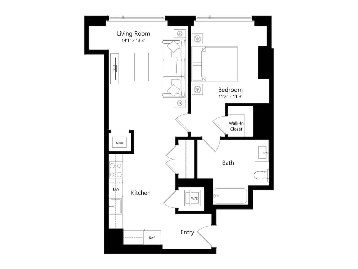 Floorplan diagram for One Bedroom H, showing 1 bedroom