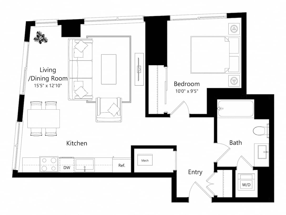 Floorplan diagram for One Bedroom J, showing 1 bedroom