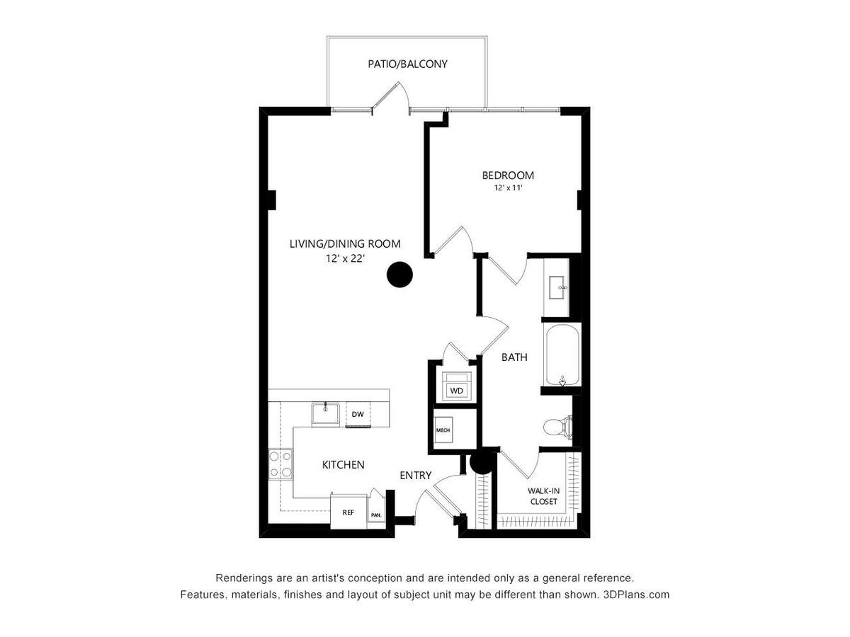 Floorplan diagram for TOWER A12, showing 1 bedroom