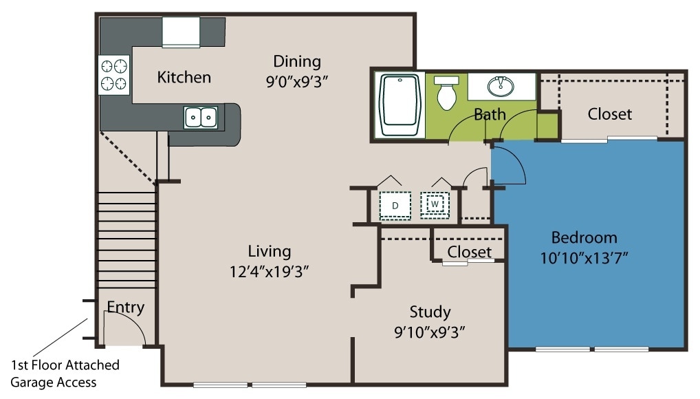 Floorplan diagram for 1B, showing 1 bedroom