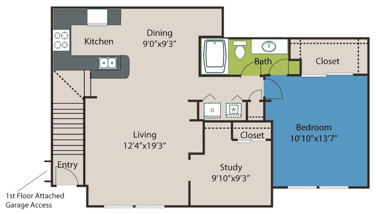 Floorplan diagram for 1B, showing 1 bedroom