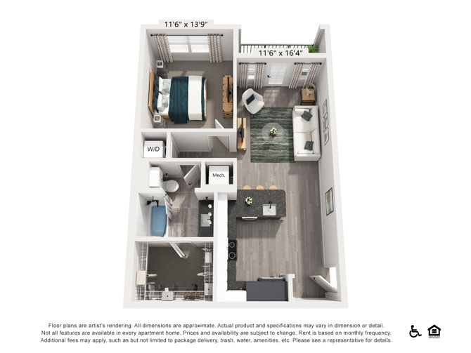 Diagram denah lantai untuk A2B, yang menunjukkan 1 kamar tidur