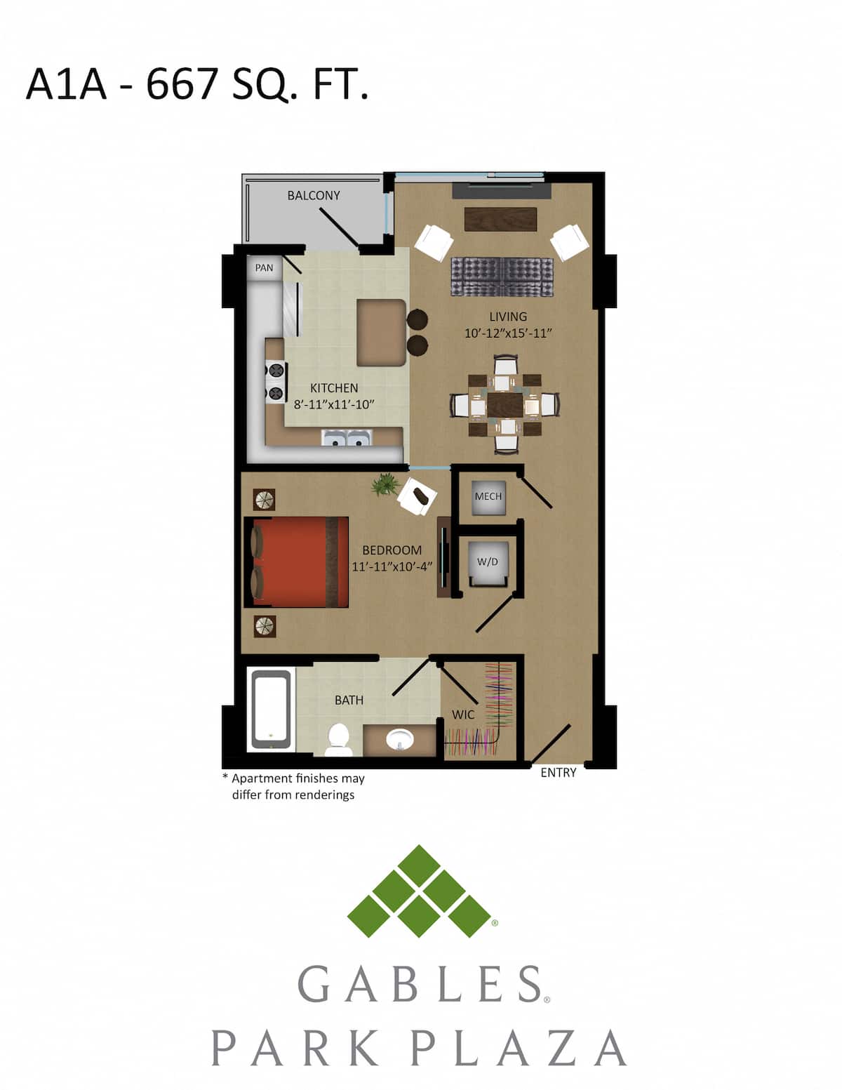 Floorplan diagram for A1A, showing 1 bedroom