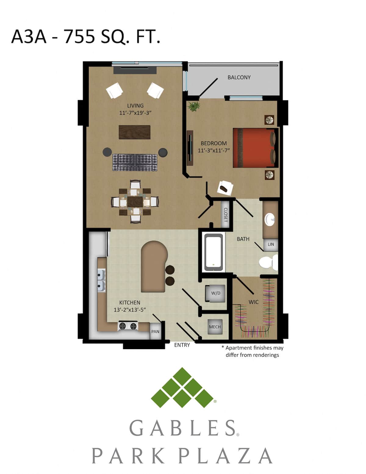 Floorplan diagram for A3A, showing 1 bedroom