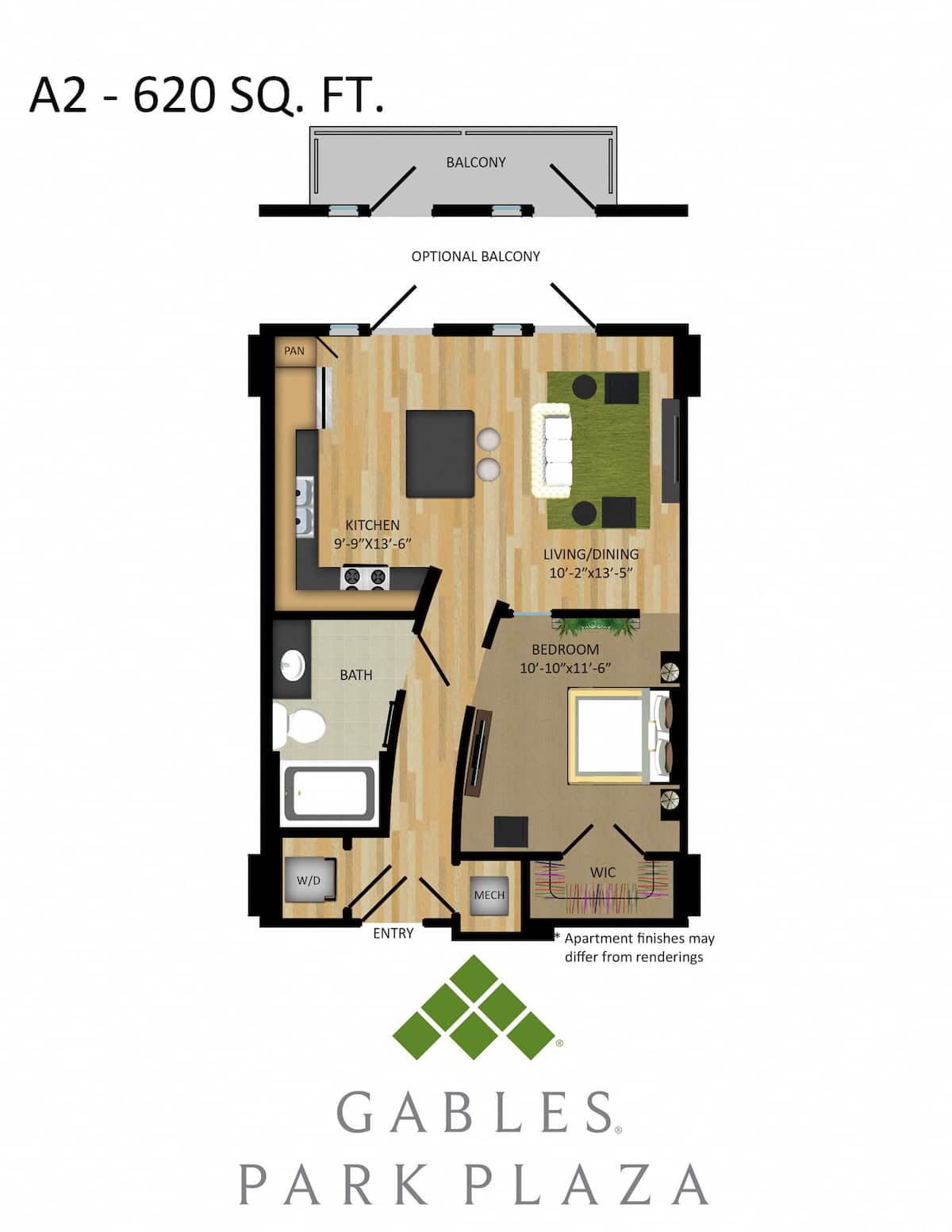 Floorplan diagram for A2, showing 1 bedroom