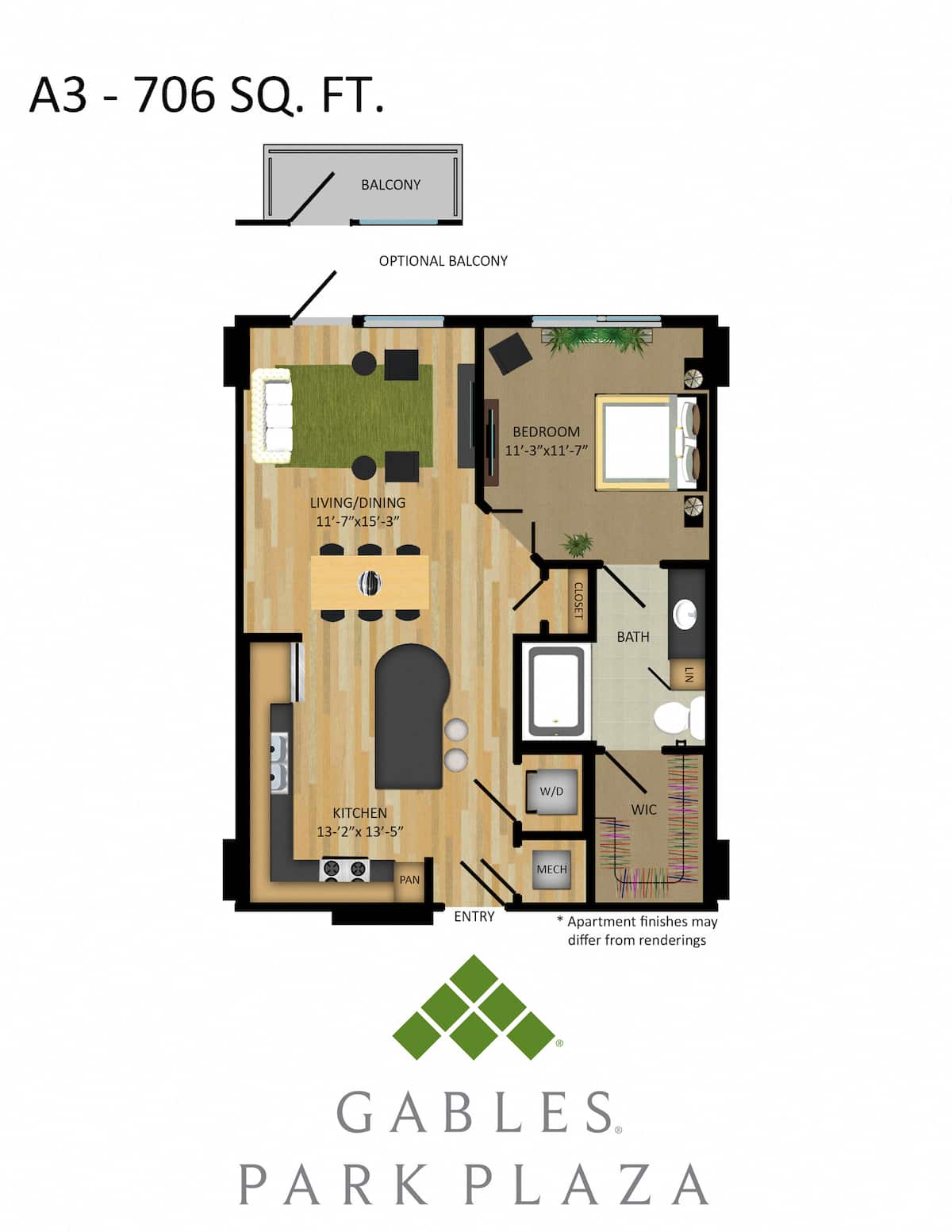 Floorplan diagram for A3, showing 1 bedroom