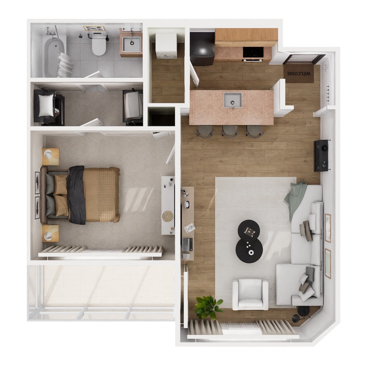 Sơ đồ mặt bằng cho A8, hiển thị 1 phòng ngủ