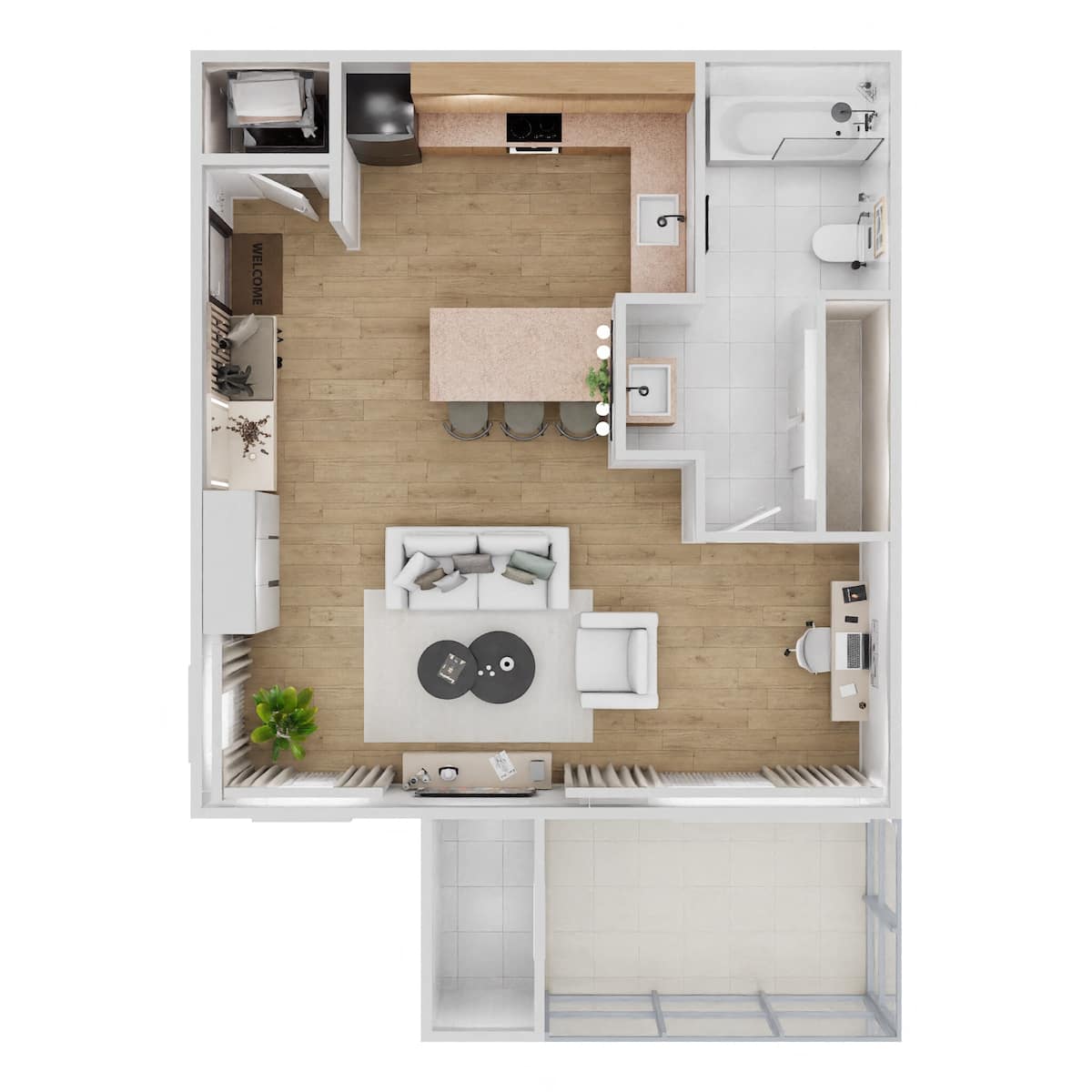 Floorplan diagram for E1, showing Studio