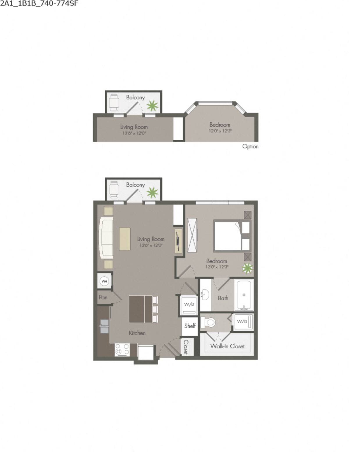 Floorplan diagram for 2A1B, showing 1 bedroom