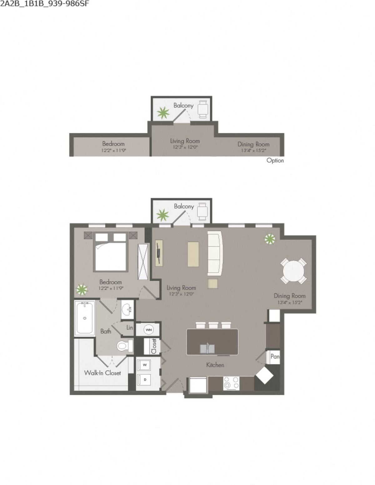Floorplan diagram for 2A2B, showing 1 bedroom