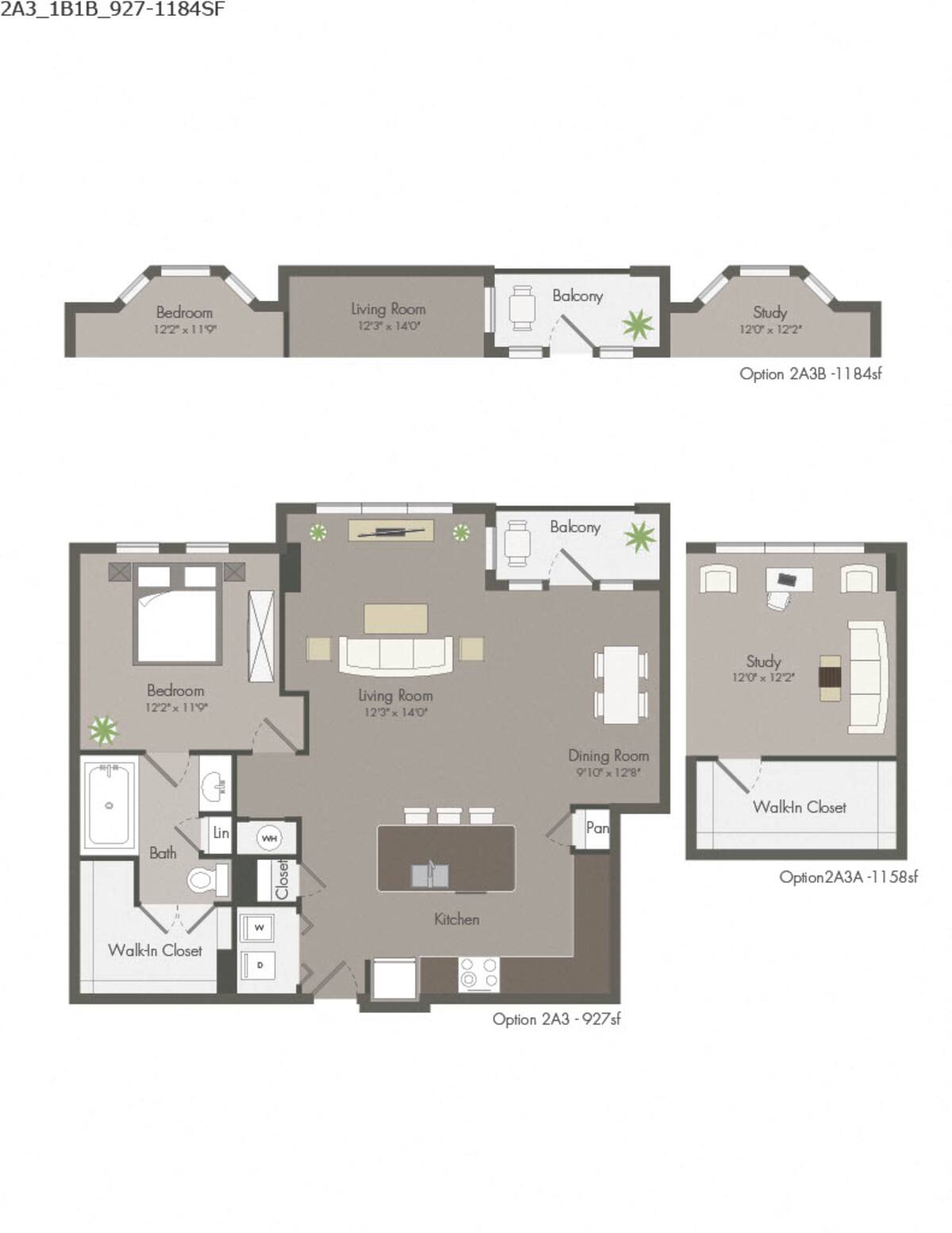 Floorplan diagram for 2A3, showing 1 bedroom