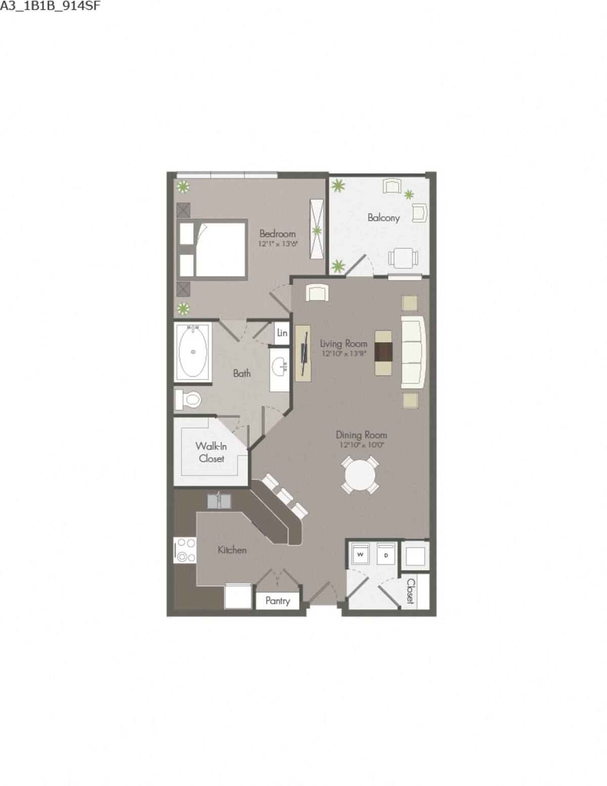 Floorplan diagram for A3, showing 1 bedroom