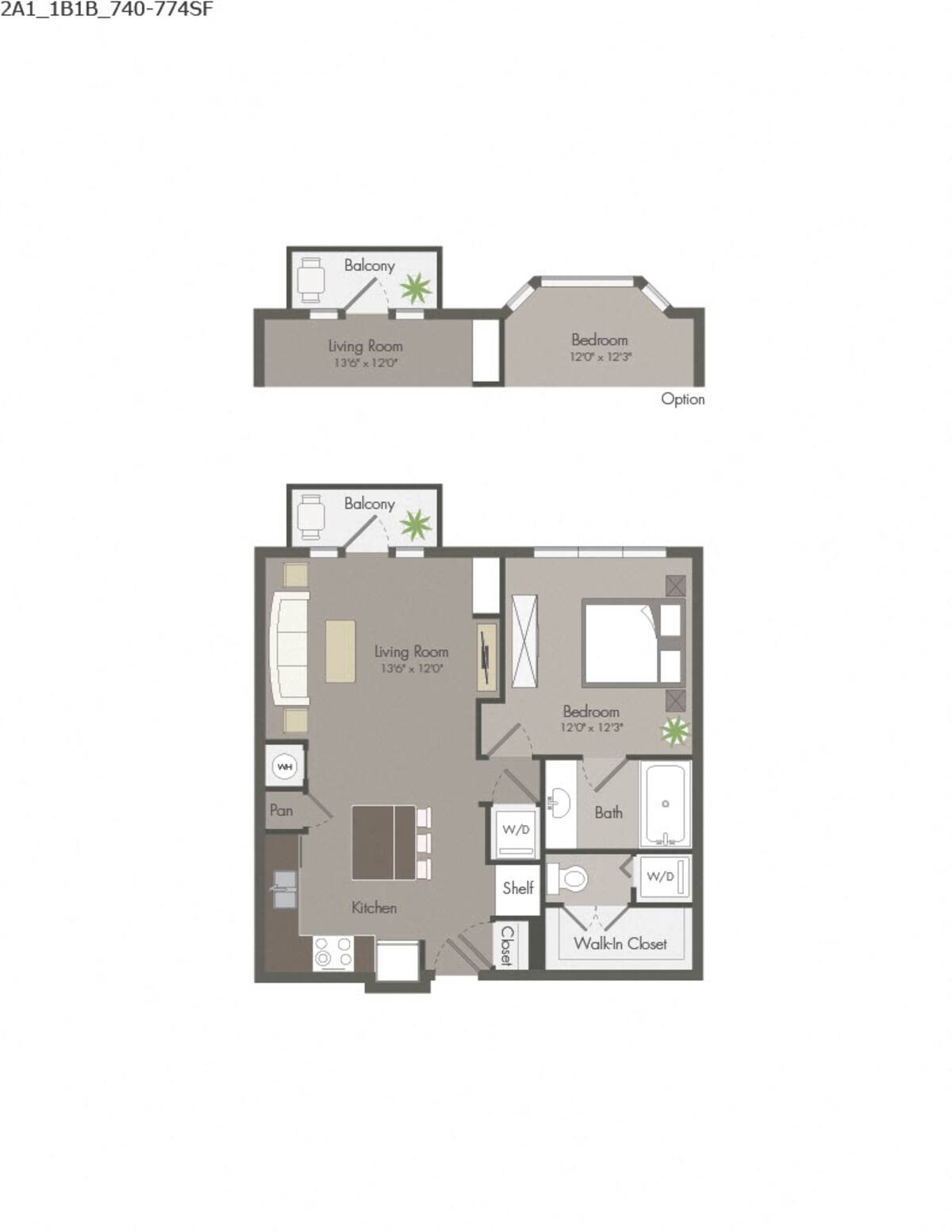 Floorplan diagram for 2A1A, showing 1 bedroom