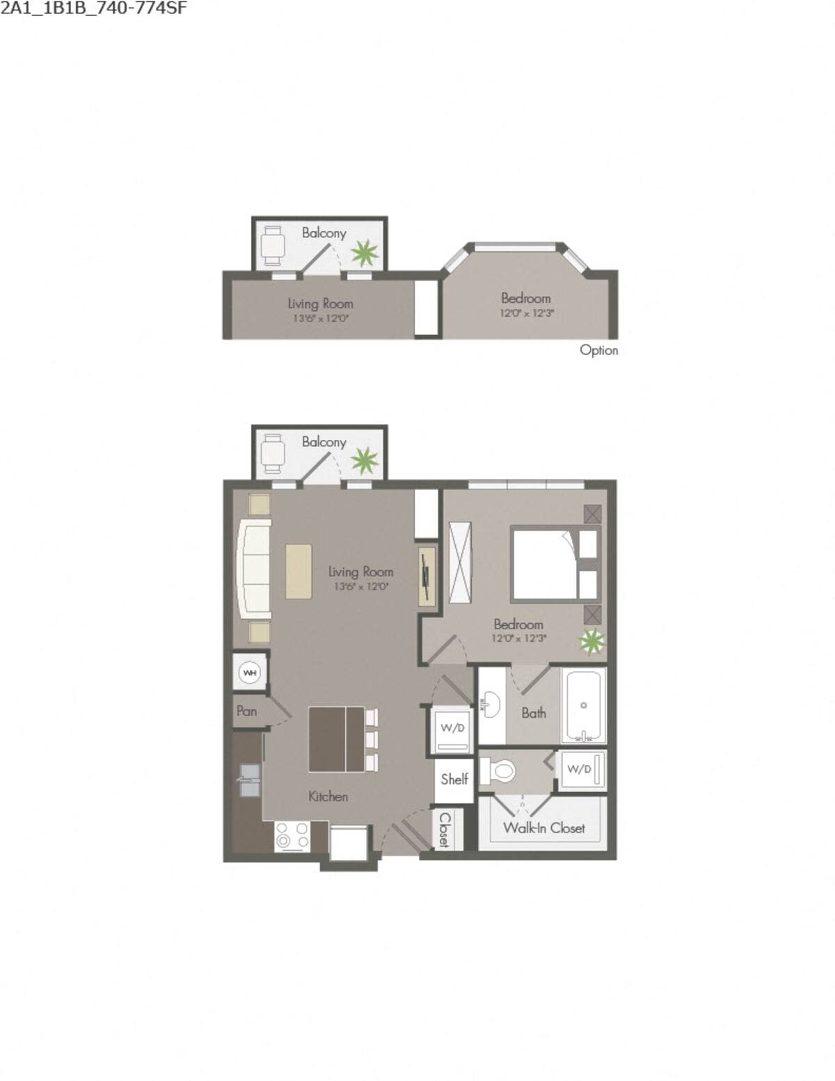 Floorplan diagram for 2A1D, showing 1 bedroom