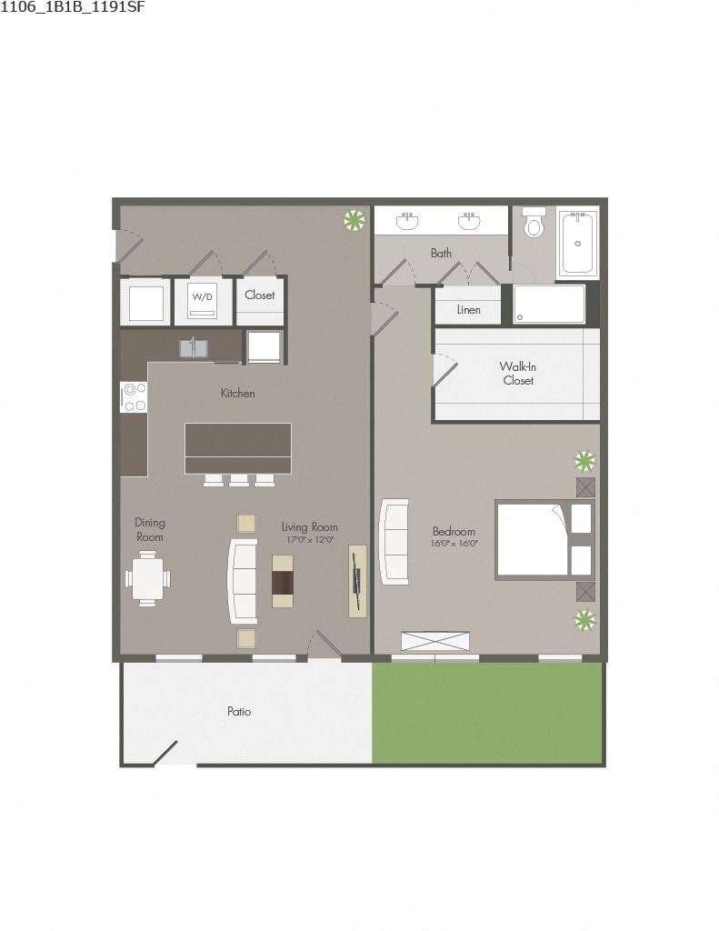 Floorplan diagram for 3A7, showing 1 bedroom