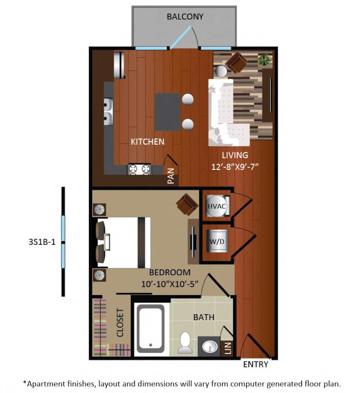 Floorplan diagram for 3S1A, showing Studio