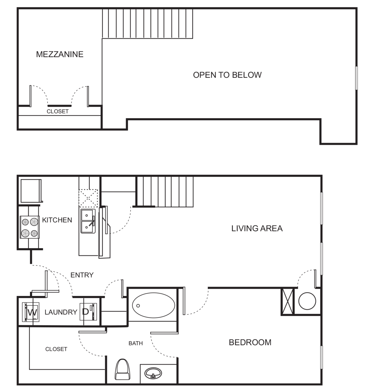 Floorplan diagram for A0-E One Bedroom Loft, showing Studio