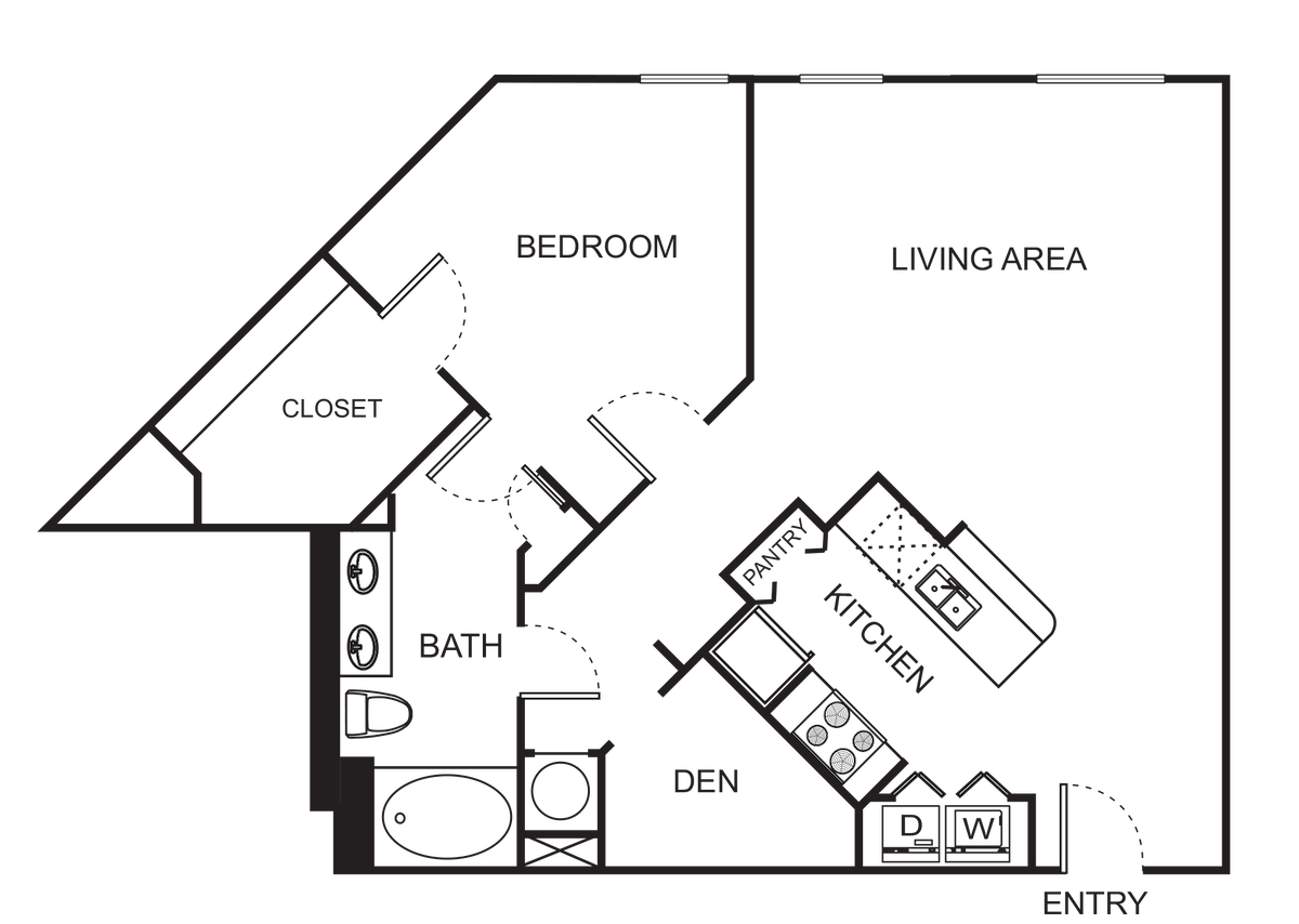 Telpu plānojuma diagramma: A7 One Bedroom; rāda: Guļamistabas: 1