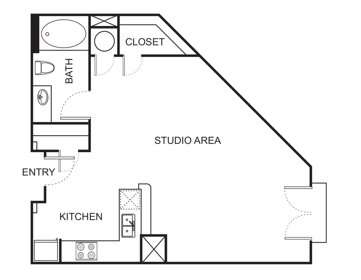 Floorplan diagram for E1 Studio, showing Studio