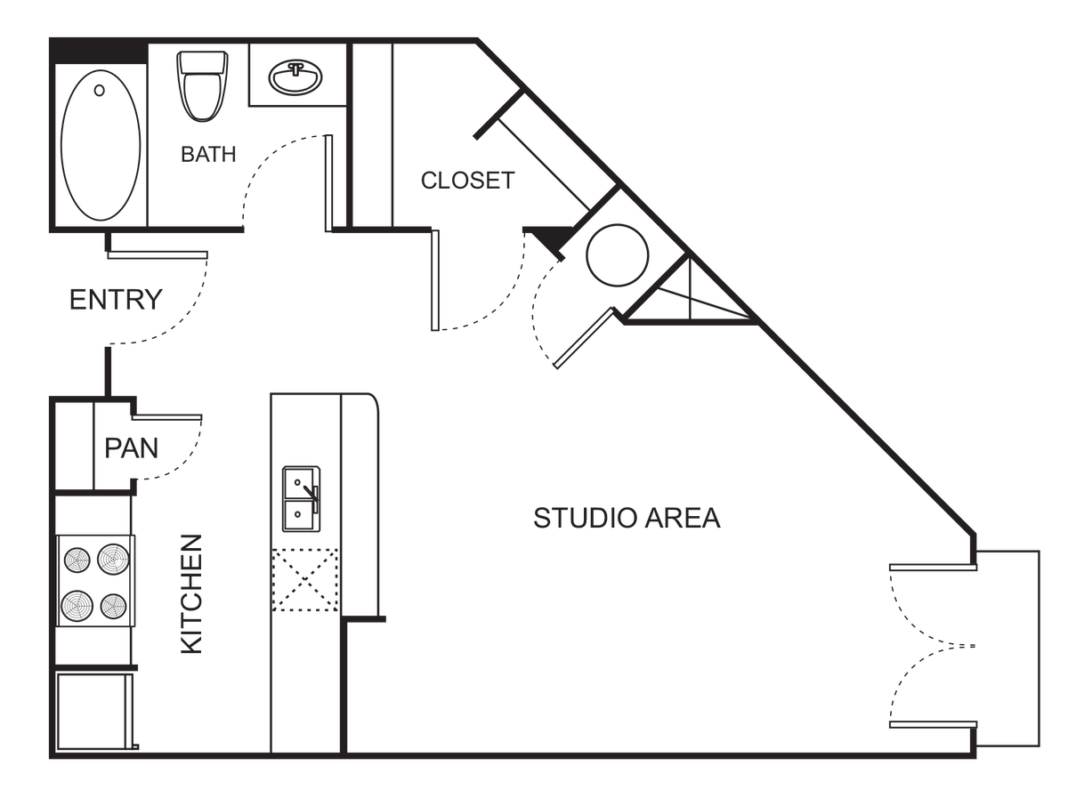 Floorplan diagram for E1-A Studio Reimagined, showing Studio
