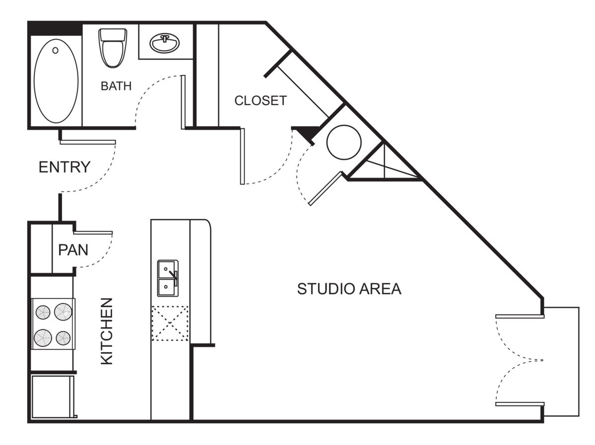 Floorplan diagram for E1-A Studio Reimagined, showing Studio