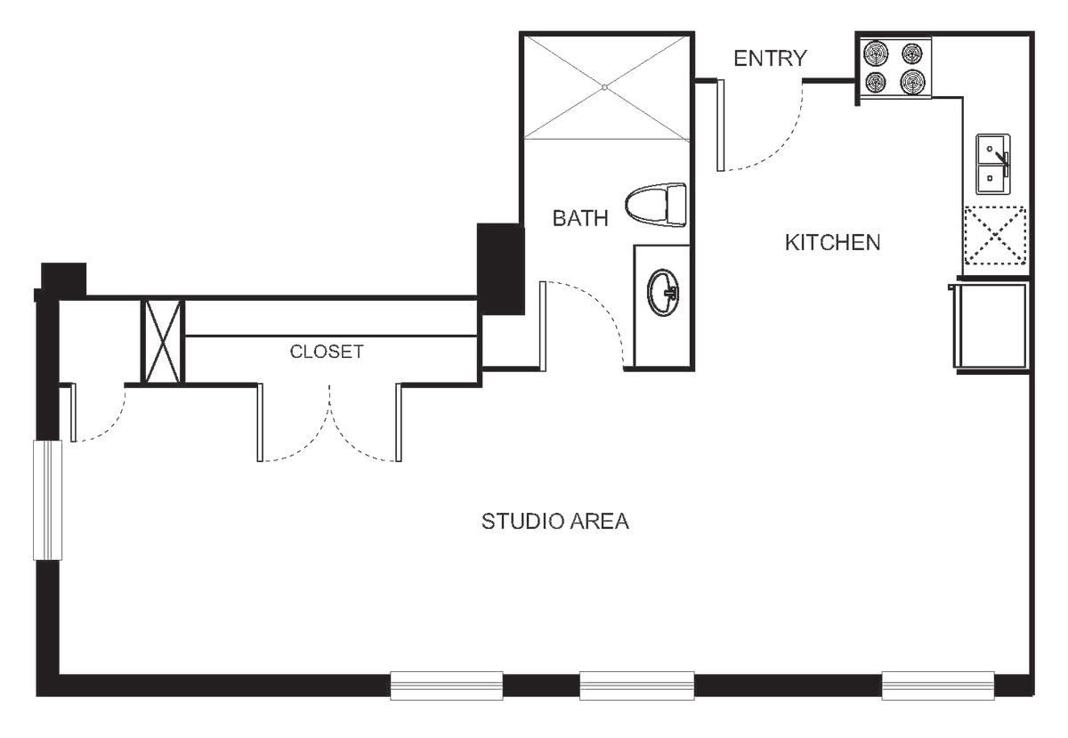 Floorplan diagram for Indi 1 Studio, showing Studio