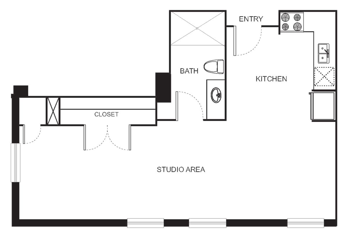 Floorplan diagram for Indi 1 Studio, showing Studio