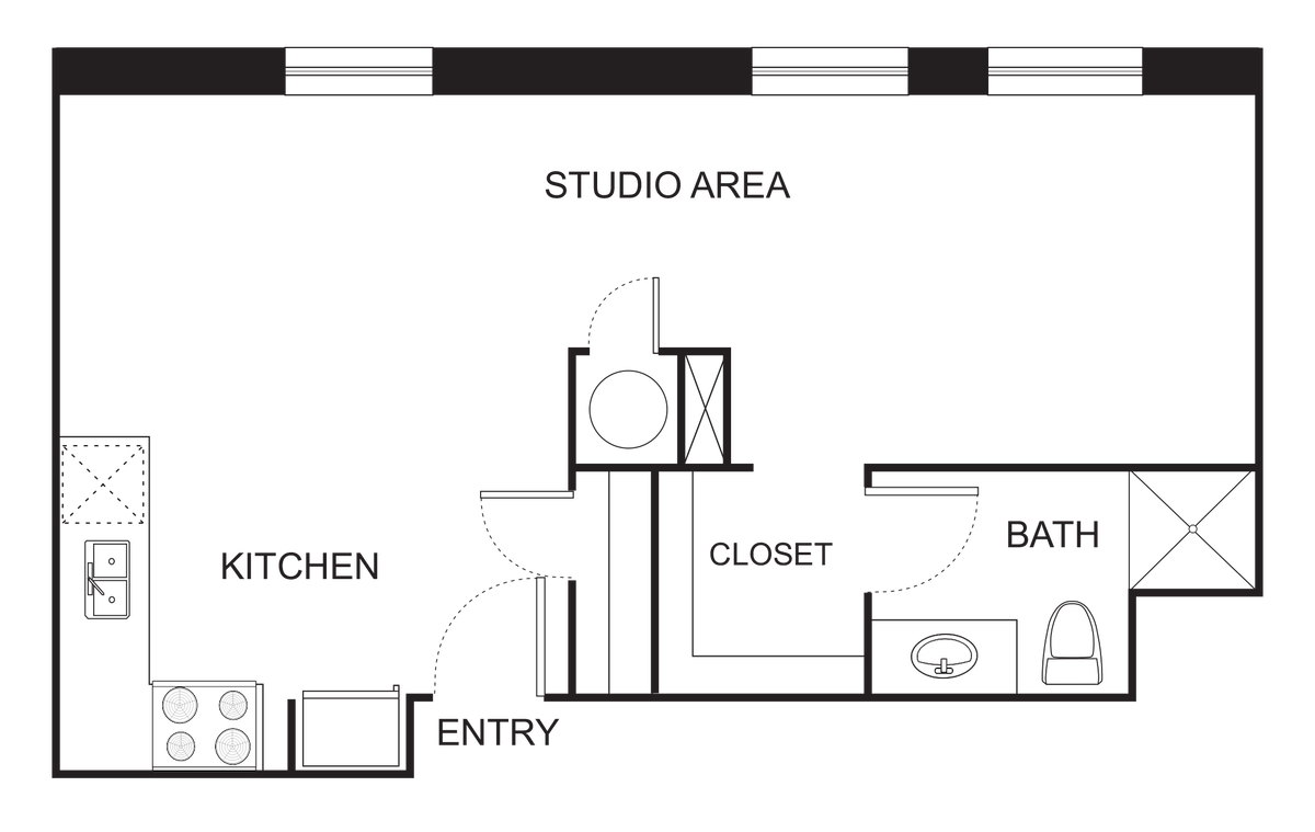 Floorplan diagram for Indi 2 Studio, showing Studio
