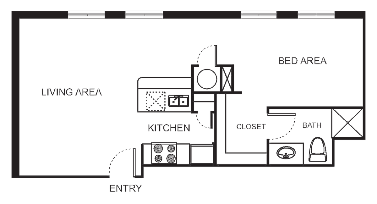 Floorplan diagram for Indi 2-B Studio, showing Studio