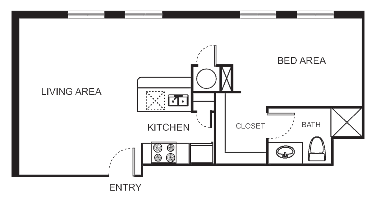 Floorplan diagram for Indi 2-B Studio, showing Studio