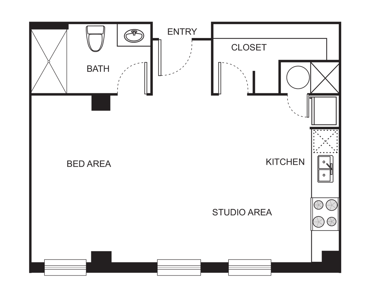 Floorplan diagram for Indi 2-F Studio, showing Studio