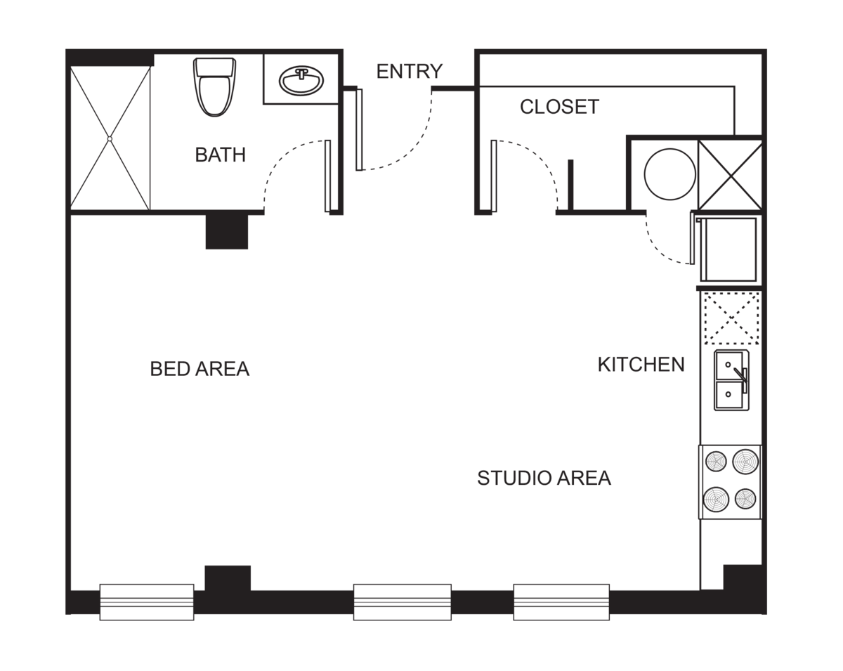 Floorplan diagram for Indi 2-F Studio, showing Studio