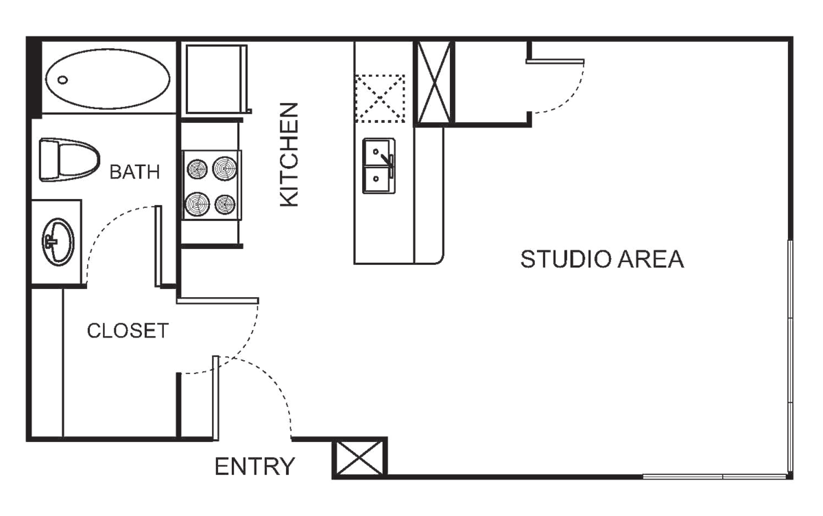 Floorplan diagram for S1 Studio - Harmony, showing Studio