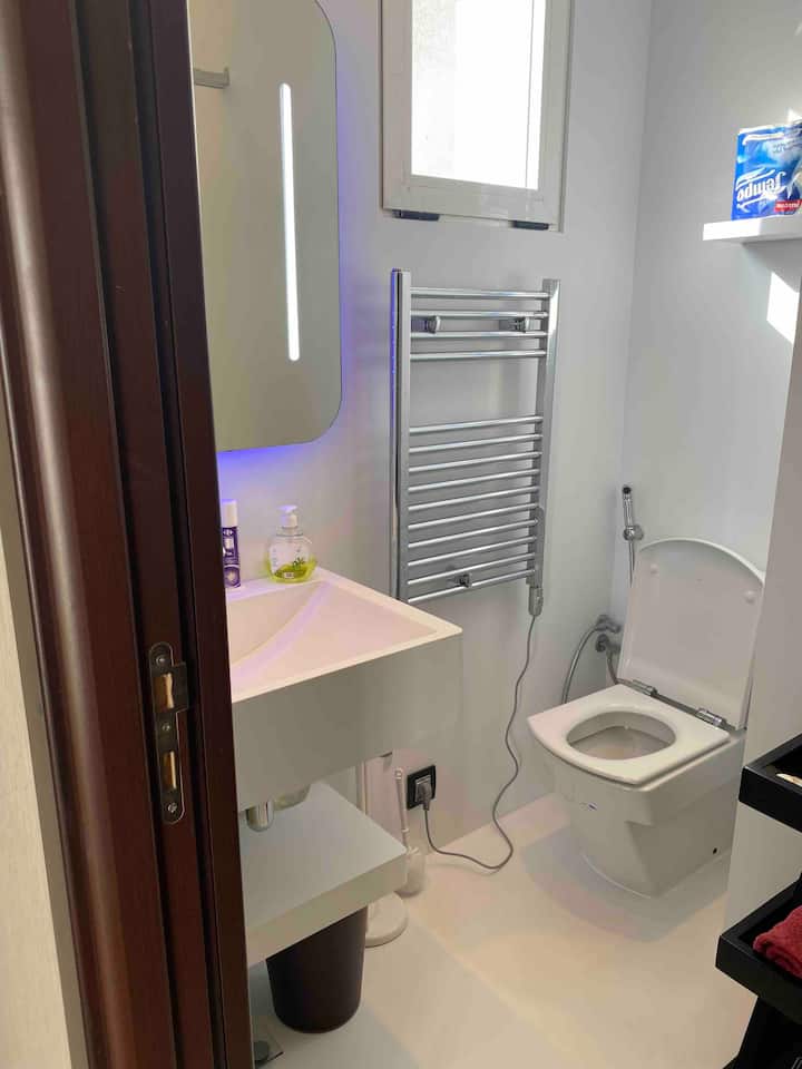 ห้องน้ำในห้องนอนใหญ่พร้อมฝักบัวอ่างล้างหน้าโถสุขภัณฑ์