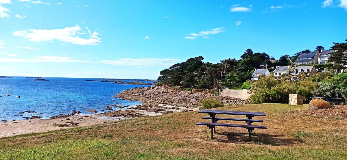 A scenic coastal view features a grassy area leading to rocky shorelines and calm blue waters. In the foreground, a wooden picnic table is set on the lawn, providing a place to enjoy the surroundings. Coastal homes and trees are visible in the background.