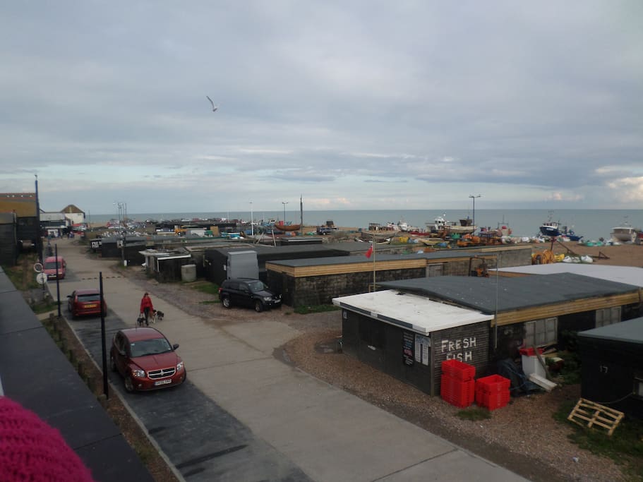 The view of the fishing boats from the gallery of the Jerwood art gallery.
