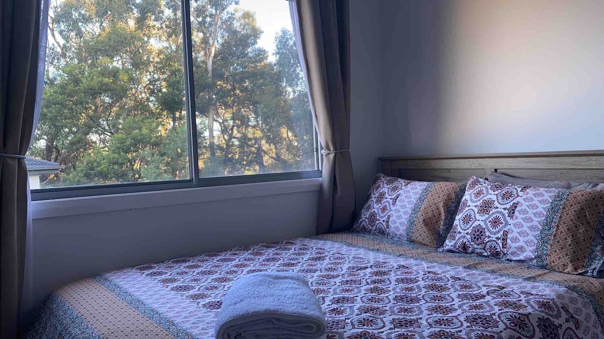 A spacious bed is presented with patterned bedding and two matching pillows. Light filters through a large window dressed with soft curtains, revealing a natural setting outside, including lush trees.