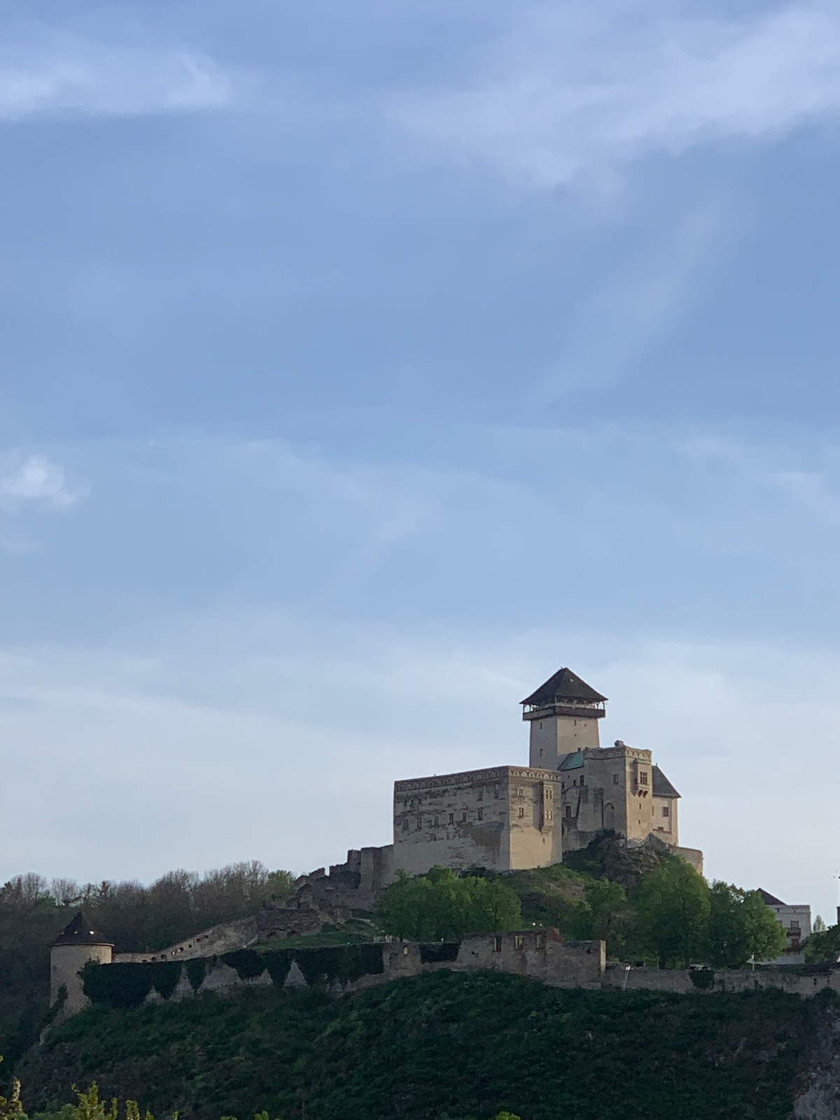 A historic castle is situated atop a hill, surrounded by greenery. Its strong stone walls and prominent tower are visible against a clear sky. The landscape features a winding path leading up to the castle, enhancing its scenic presence.