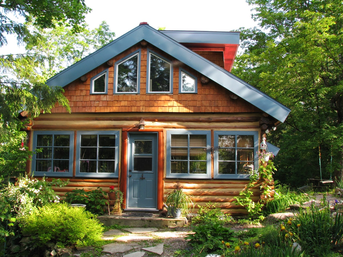 The entrance of the cabin showcases its charming wood logs and shingled exterior. Large windows allow for ample natural light, framed by colorful flowering plants. The door is painted a welcoming blue, accentuating the cabin's rustic design nestled among leafy greenery.