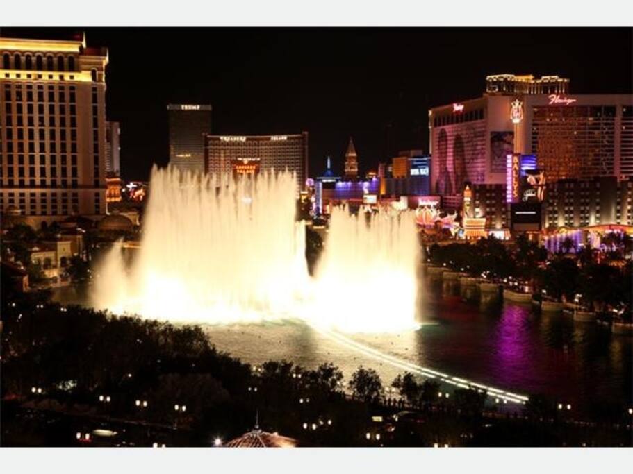 Night view of the Water Fountains and the Strip view from the Jockey Club. Only 50% of the rooms have views. View rooms are assigned at and only at check in just like a modern hotel would.