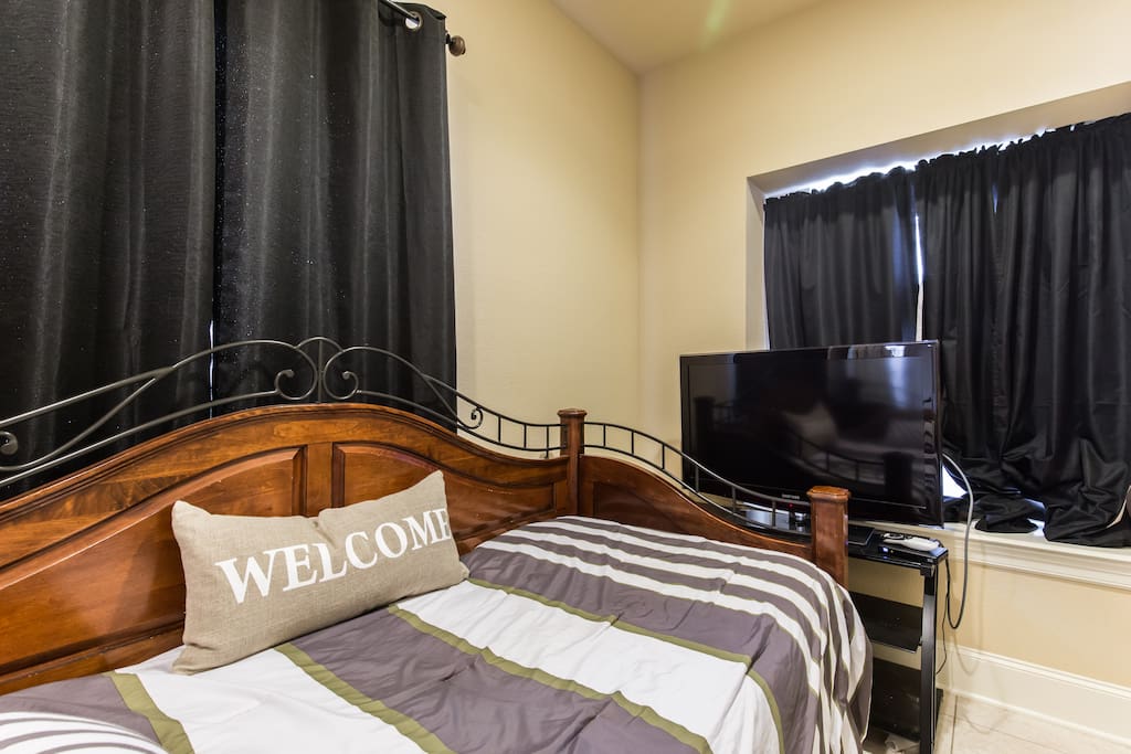 Bed, blackout curtains