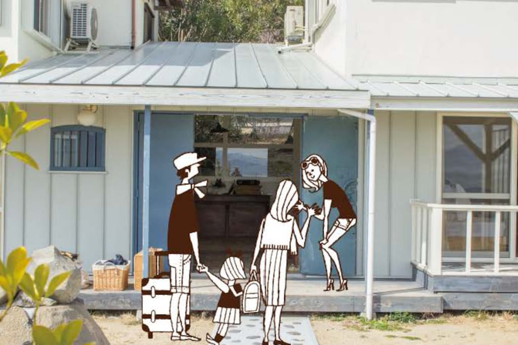 ここが玄関。ブルーの鉄の扉が開いてゲストを迎えます。
