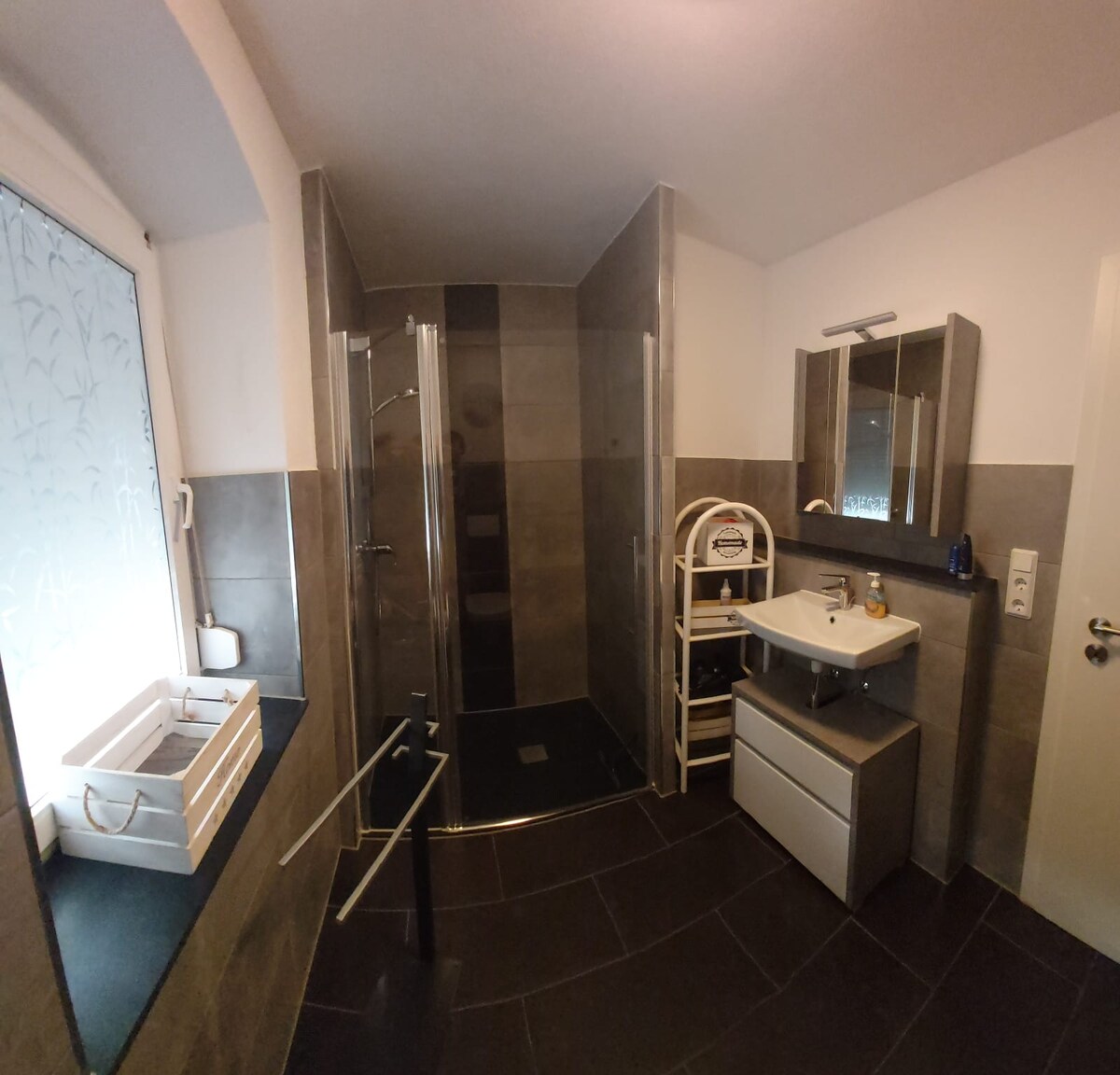 A modern bathroom features a spacious walk-in shower with clear glass doors. A sleek sink area with storage beneath is complemented by a mirrored cabinet. Natural light enters through a partially frosted window, enhancing the neutral tones of the tile and fixtures.