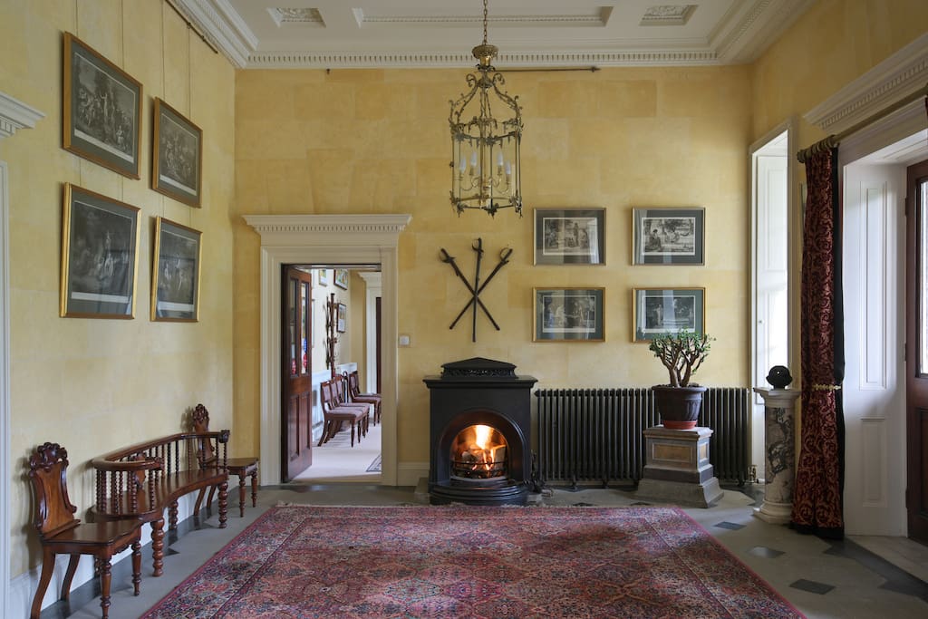 The Front Hall with a welcome fire