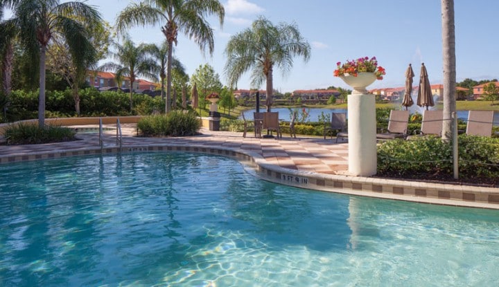 A serene pool area is surrounded by lush palm trees and tropical landscaping. Comfortable lounge chairs are positioned nearby, offering relaxation options. The clear water reflects the blue sky and distant lakeside views, while potted plants add a touch of greenery.