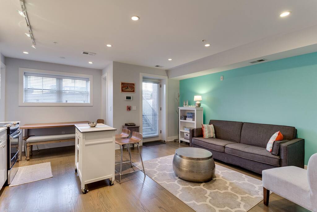 Comfortable open living space. Couch turns into a twin futon. Chess set, board games, and deck of cards for your enjoyment.